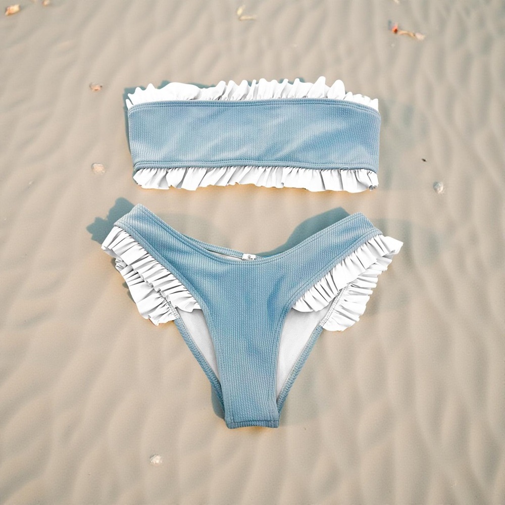 Blue and White Ruffle Bikini Set